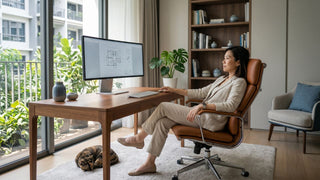 Woman seated in a brown reclining office chair at a wooden desk in a Singapore home office with balcony greenery and a cat nearby.