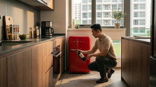 Man holding a wine bottle beside a red wine fridge in a modern Singapore kitchen with wood cabinets and warm natural light