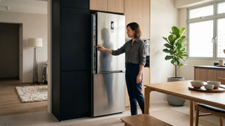 Woman checking refrigerator door clearance in a modern Singapore kitchen with wood cabinets