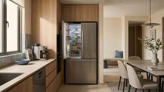 Open refrigerator in a compact Singapore kitchen beside a dining area, showing food storage and modern home appliances.