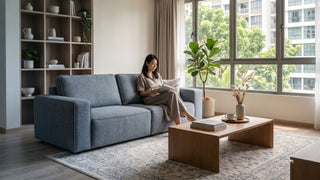 Woman reading on a grey sofa in a renovated Singapore living room with shelving, coffee table and large windows.