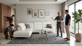 Inspectors measuring and checking a renovated Singapore living room before furniture handover