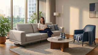 Woman sitting on a grey sofa in a renovated Singapore living room with an accent chair and coffee table.