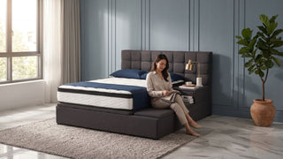 Woman inspecting a grey storage bed in a bright bedroom to decide whether it should be repaired or replaced.