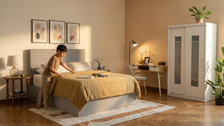 Child making a bed in a resale flat children’s room with wardrobe, study desk, warm lighting, and compact furniture layout