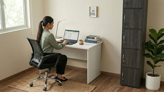 White study desk and tall filing cabinet in a practical resale flat home office