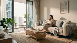 Resort-style condo living room with beige sofa, rattan coffee table, jute rug, balcony plants, and warm natural light.