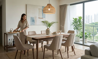Resort-style dining area in a Singapore condo with wood dining table, upholstered chairs, rattan pendant light, and balcony greenery