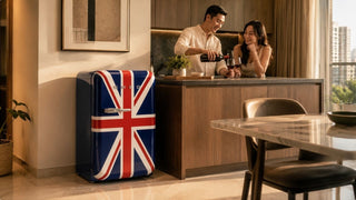 Retro Union Jack minibar fridge beside a kitchen counter while a couple enjoys wine in a warm Singapore apartment