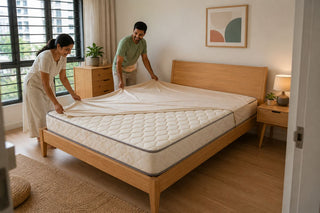 Couple testing a quilted mattress on a natural wood bed frame in a bright modern Singapore bedroom