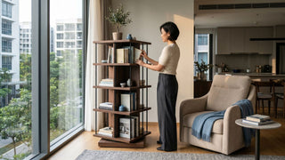 Woman arranging books on a wooden rotating bookshelf beside a lounge chair in a bright Singapore condo reading corner.