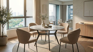Round marble dining room set with beige chairs in a modern Singapore condo dining area.