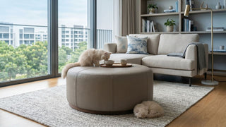 Round leather ottoman used as a coffee table in a bright Singapore condo living room