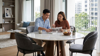 Couple reviewing dining room plans at a round marble dining table in a bright Singapore condo.