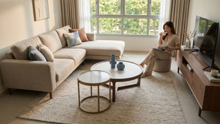 Round nesting coffee tables in a bright BTO living room with beige sofa, TV console, and neutral rug