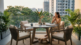 Round outdoor table with cushioned chairs on a lush Singapore condo balcony with greenery and city views
