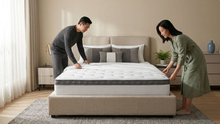 Couple adjusting a Rucas mattress on a beige bed frame in a calm modern bedroom