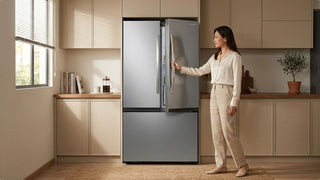 Woman opening a Samsung double door fridge in a bright beige kitchen