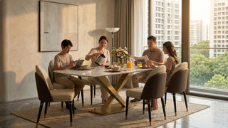 Family seated around a Scandinavian dining table in a warm modern Singapore home with city views