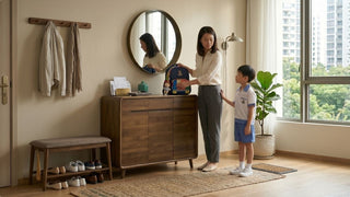 Mother placing school bag on wooden storage cabinet near the living room entry in a family-friendly Singapore home