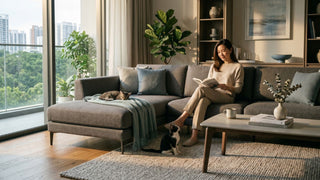 Woman reading on a grey scratch-resistant sectional sofa with two cats in a Singapore condo living room