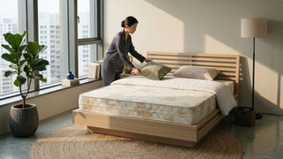 Woman styling pillows on a Sea Horse mattress with wooden bed frame in a bright Singapore condo bedroom