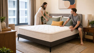 Sea Horse mattress in a modern Singapore HDB bedroom with a couple arranging pillows for a comfortable everyday setup.