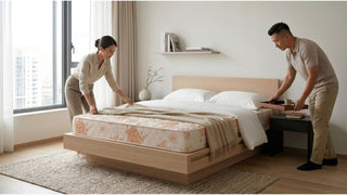 Couple styling a Seahorse mattress on a wooden bed frame in a bright modern Singapore bedroom with soft neutral decor