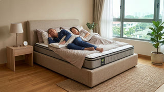 Senior couple resting on an orthopedic mattress in a bright Singapore bedroom with cosy bedding and supportive bed frame
