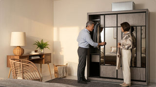 Senior couple using a sliding door wardrobe in a cosy Singapore bedroom with neutral decor, rattan chair, and warm lighting
