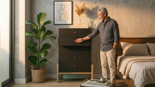 Senior man opening a dark chest of drawers beside a bed in a warm accessible bedroom setting