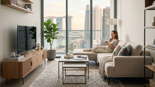 Compact Singapore shoebox unit living room with beige chaise sofa, TV console, wall shelves, and city view