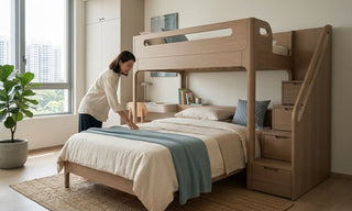 Shorty wooden bunk bed with storage stairs in a bright Singapore bedroom, styled with neutral bedding and a parent arranging the lower bed.