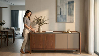 Woman styling a wooden sideboard buffet in a modern Singapore dining room with warm natural light.