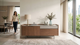Wooden sideboard cabinet styled beside a Singapore dining area with table lamp, vases, and soft natural light.