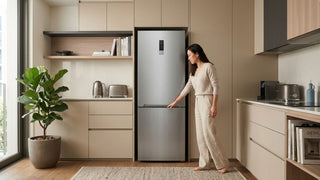 Woman opening a silver bottom-freezer fridge in a compact modern Singapore kitchen
