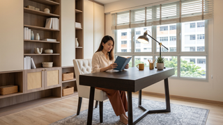 Simple office furniture setup in a Singapore home with desk, ergonomic chair, and closed storage