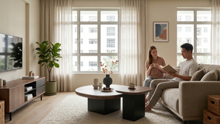 3-room HDB living room with compact sofa, TV console, coffee table, and clear walkway