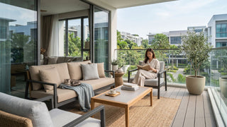 Outdoor sofa lounge set on a spacious Singapore condo balcony with beige cushions, coffee table, plants, and city greenery view