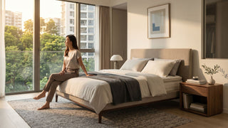 Woman sitting on a neatly styled mattress in a modern Singapore bedroom with warm natural light and condo views.