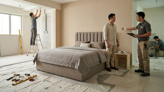 Contractor reviewing electrical points with a homeowner during a Singapore bedroom renovation with workers, tools, and unfinished flooring