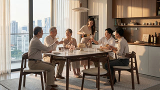 Multi-generational family celebrating at a modern dining table in a bright Singapore condo dining area