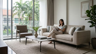 Woman reading on a beige sofa in a bright Singapore condo living room with balcony windows and indoor plants.