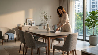 Woman arranging a modern dining table in a Singapore condo dining area with upholstered chairs