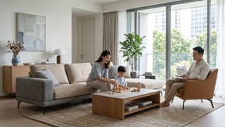 Singapore family relaxing in a bright condo living room with neutral furniture, large windows, and an air-conditioned home setting.