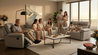 Singapore family reunion with grandparents, children, and a light grey recliner sofa set in a warm living room