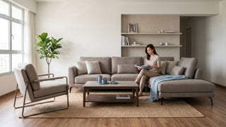 Woman reading on a beige chaise sofa in a renovated Singapore living room with coffee table, armchair, rug and built-in shelves.