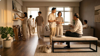Singapore housewarming setup with bench seating, sofa, folding chairs, and guests in a warm modern living room