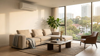 Living room in a Singapore condo with wall-mounted aircon, beige sofa, large windows, and warm natural light.