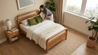 Woman arranging pillows on a wooden single bed in a bright Singapore bedroom with bedside table, rug, and indoor plants